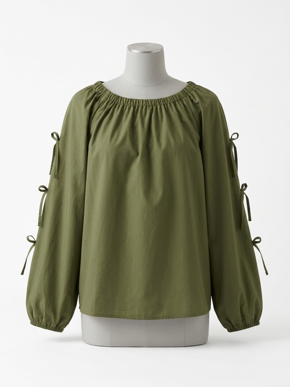 Relaxed Olive Green Peasant Blouse with Sleeve Tie Details